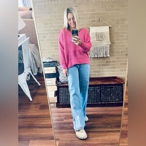 American Eagle Outfitters Vibrant Pink V-Neck Sweater